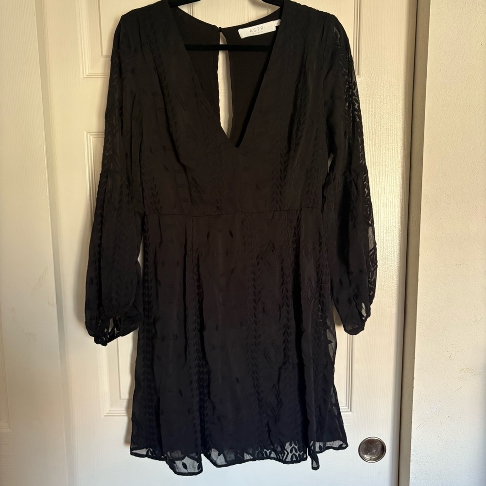 astr the label | black dress with sheer sleeves embroidery